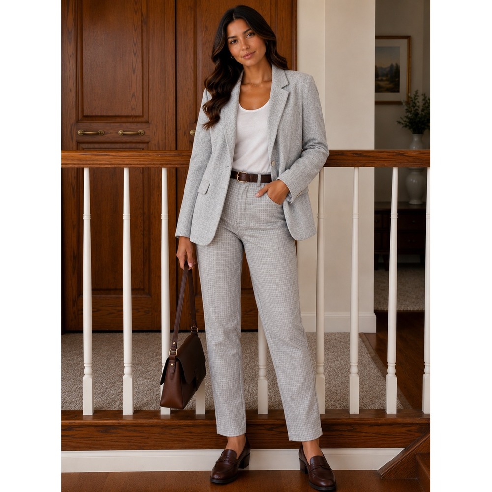 Grey White Micro Check Slim Leg Ankle Dress Pants Trousers P93